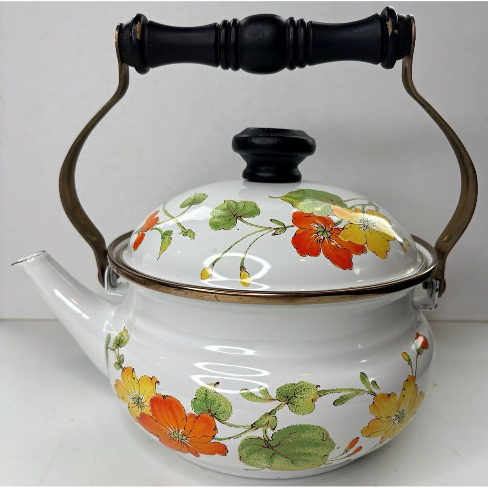 Vintage 1983 Gailstyn-Sutton Jardine Floral Enamel Tea Kettle Taiwan Cottagecore